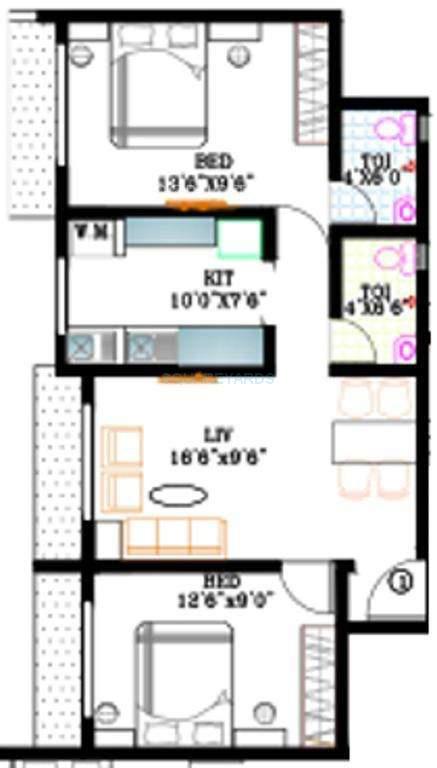 Floor plan of 2 BHK 1050 Sq. Ft. Apartment in Kabra Nalanda, Mumbai