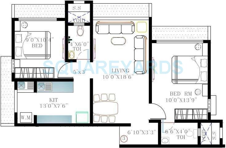 Floor plan of 2 BHK 1040 Sq. Ft. Apartment in Kabra Nandanwadi, Mumbai