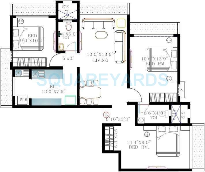 Floor plan of 2 BHK 1300 Sq. Ft. Apartment in Kabra Nandanwadi, Mumbai