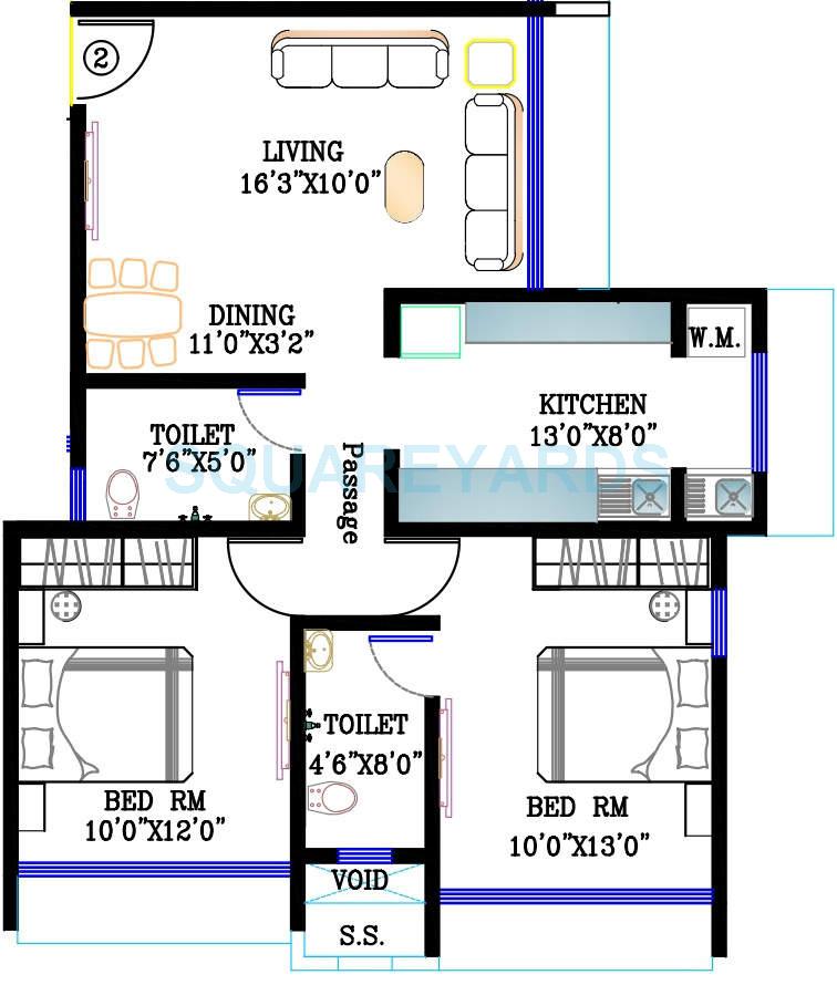 Floor plan of 2 BHK 1125 Sq. Ft. Apartment in Kabra Natraj CHS, Mumbai