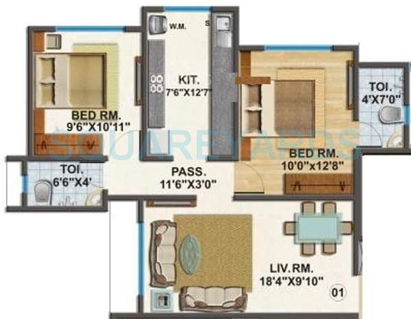 Floor plan of 2 BHK 620 Sq. Ft. Apartment in Kabra Paradise, Mumbai