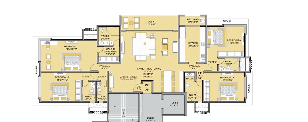 Floor plan of 4 BHK 2076 Sq. Ft. Apartment in Kabra Prathana, Mumbai