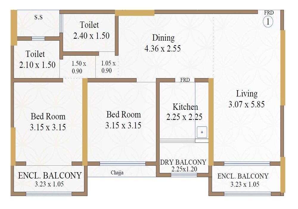 Floor plan of 2 BHK 820 Sq. Ft. Apartment in Kabra Residency Park, Mumbai