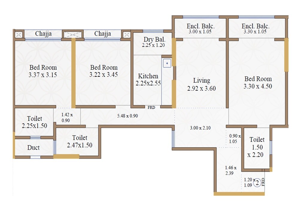 Floor plan of 3 BHK 1030 Sq. Ft. Apartment in Kabra Residency Park, Mumbai