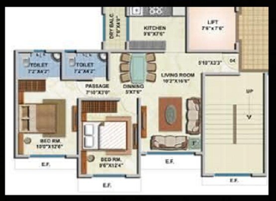 Floor plan of 2 BHK 1020 Sq. Ft. Apartment in Kabra Saptashrungi, Mumbai