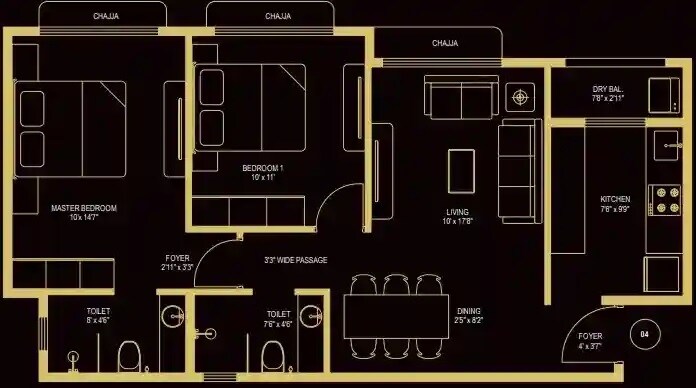 Floor plan of 2 BHK 672 Sq. Ft. Apartment in Kabra Tiara, Mumbai