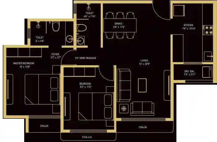 Floor plan of 2 BHK 704 Sq. Ft. Apartment in Kabra Tiara, Mumbai