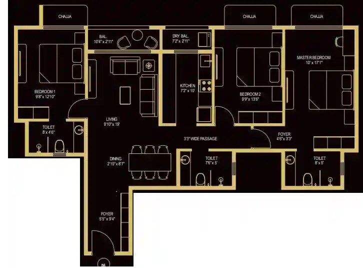 Floor plan of 3 BHK 970 Sq. Ft. Apartment in Kabra Tiara, Mumbai