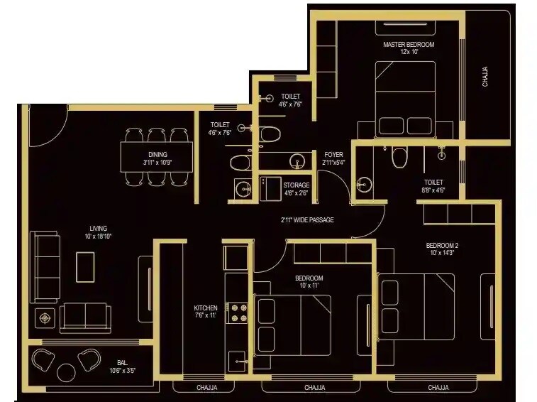 Floor plan of 3 BHK 960 Sq. Ft. Apartment in Kabra Tiara, Mumbai