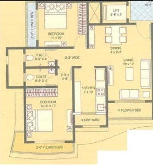 Floor plan of 2 BHK 1090 Sq. Ft. Apartment in Kailash Heights Kandivali, Mumbai