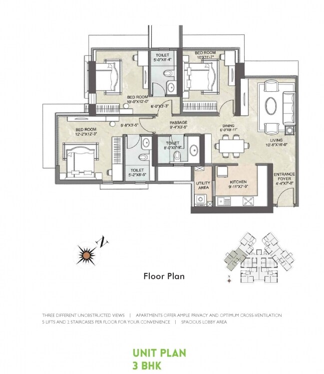 Floor plan of 3 BHK 1667 Sq. Ft. Apartment in Kalpataru Aspire, Mumbai