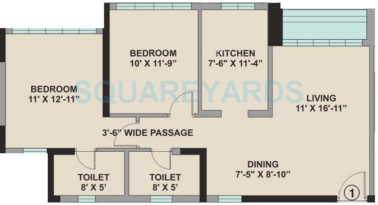 Floor plan of 2 BHK 1143 Sq. Ft. Apartment in Kalpataru Aura, Mumbai