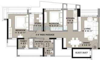 Floor plan of 2 BHK 1224 Sq. Ft. Apartment in Kalpataru Aura, Mumbai
