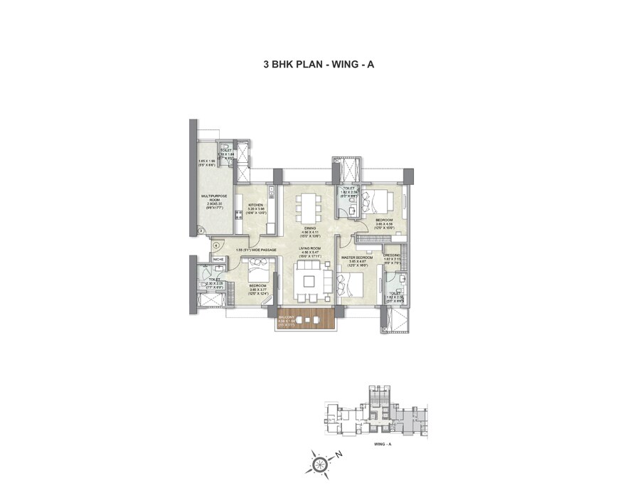 Floor plan of 3 BHK 1846 Sq. Ft. Apartment in Kalpataru Avana, Mumbai