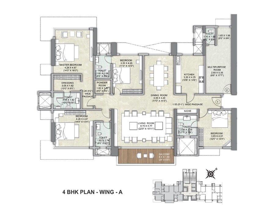 Floor plan of 4 BHK 2455 Sq. Ft. Apartment in Kalpataru Avana, Mumbai
