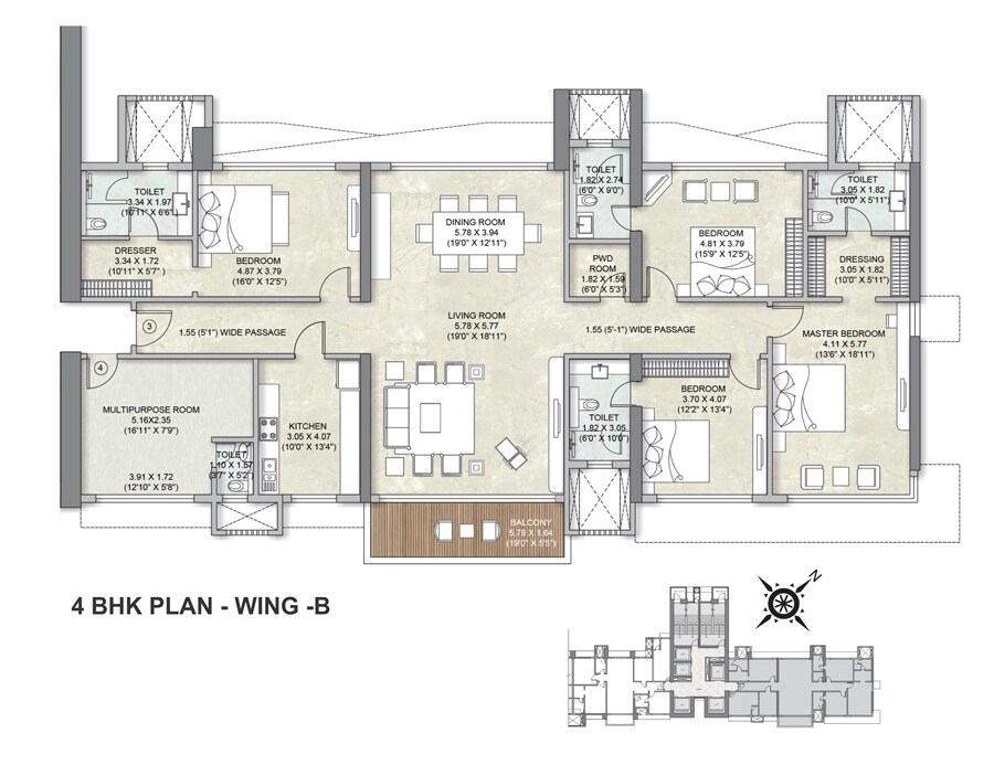 Floor plan of 4 BHK 2645 Sq. Ft. Apartment in Kalpataru Avana, Mumbai