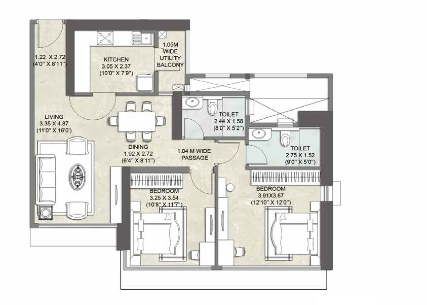 Floor plan of 2 BHK 754 Sq. Ft. Apartment in Kalpataru Crest, Mumbai