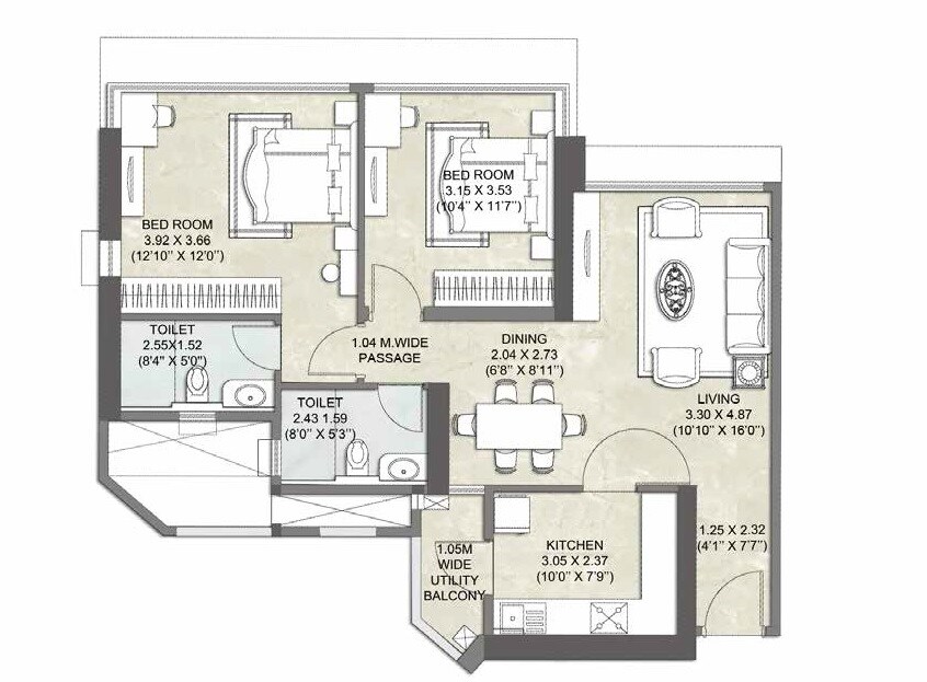 Floor plan of 2 BHK 813 Sq. Ft. Apartment in Kalpataru Crest, Mumbai