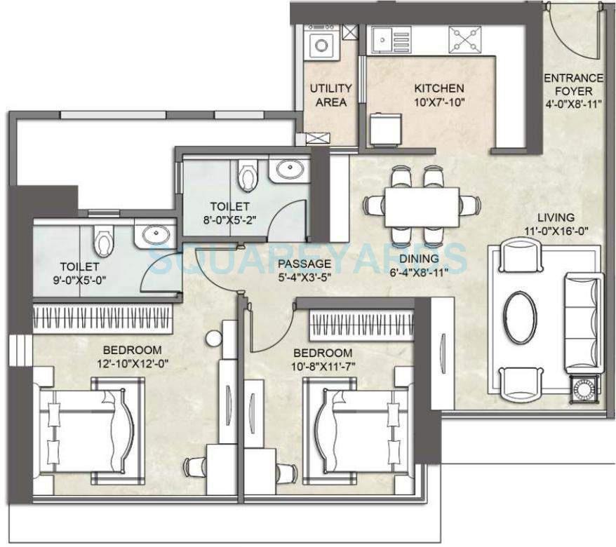 Floor plan of 2 BHK 768 Sq. Ft. Apartment in Kalpataru Crest, Mumbai