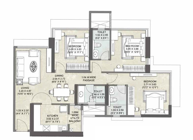 Floor plan of 3 BHK 1038 Sq. Ft. Apartment in Kalpataru Crest, Mumbai
