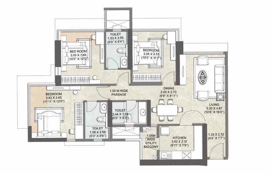 Floor plan of 3 BHK 989 Sq. Ft. Apartment in Kalpataru Crest, Mumbai