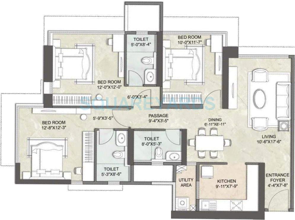 Floor plan of 3 BHK 956 Sq. Ft. Apartment in Kalpataru Crest, Mumbai