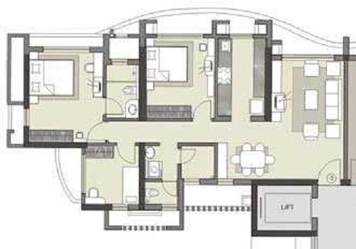 Floor plan of 3 BHK 1244 Sq. Ft. Apartment in Kalpataru Estate Mumbai, Mumbai