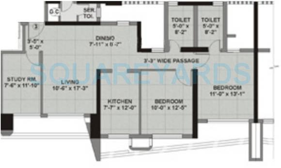 Floor plan of 2 BHK 1368 Sq. Ft. Apartment in Kalpataru Gardens 2, Mumbai