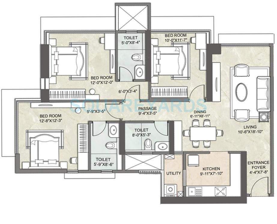Floor plan of 3 BHK 1778 Sq. Ft. Apartment in Kalpataru Imperial, Mumbai