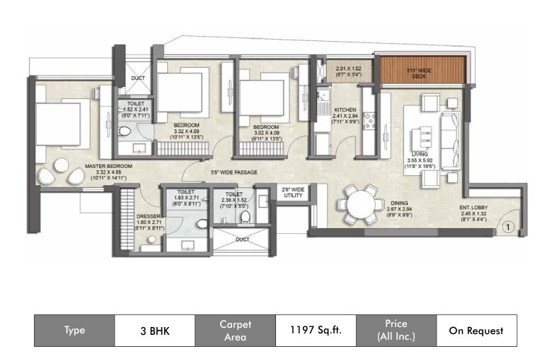 Floor plan of 3 BHK 1197 Sq. Ft. Apartment in Kalpataru Magnus, Mumbai