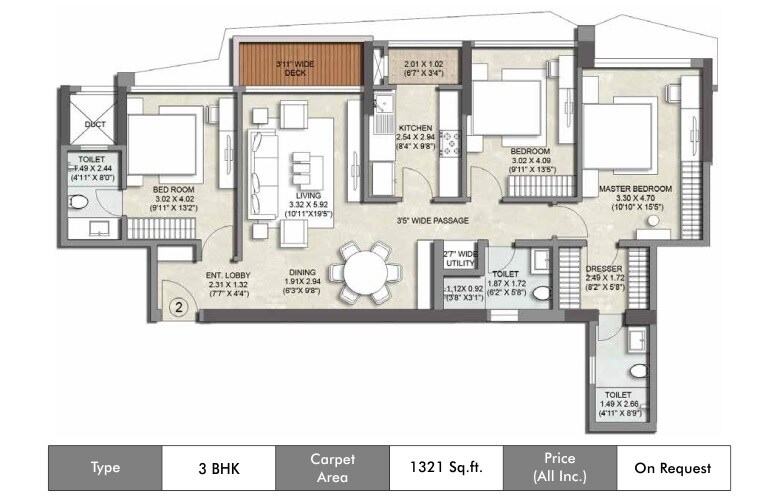 Floor plan of 3 BHK 1321 Sq. Ft. Apartment in Kalpataru Magnus, Mumbai