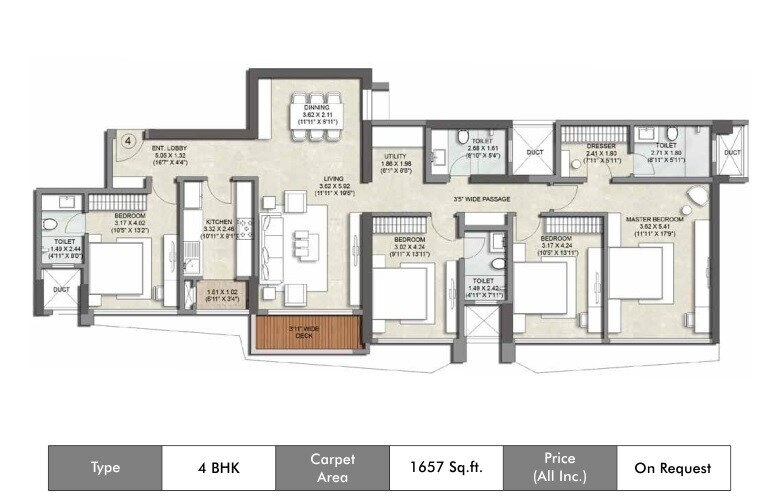 Floor plan of 4 BHK 1657 Sq. Ft. Apartment in Kalpataru Magnus, Mumbai