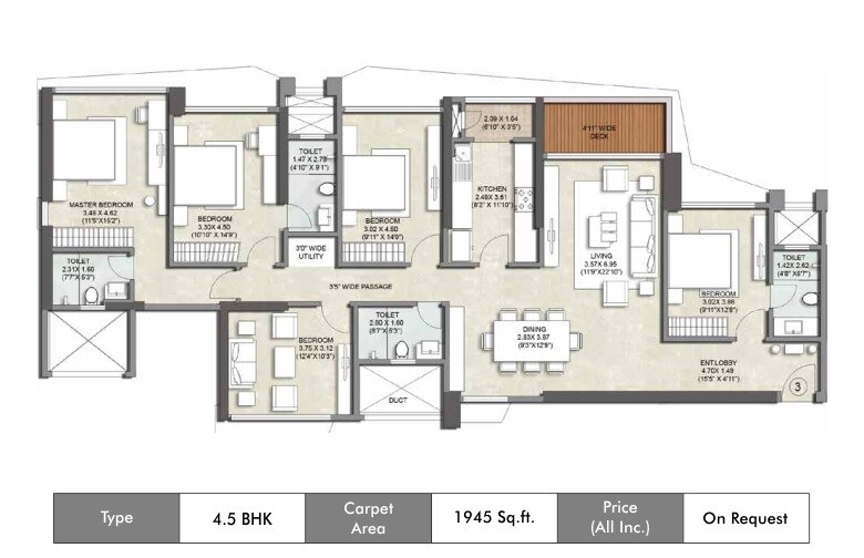 Floor plan of 4 BHK 1945 Sq. Ft. Apartment in Kalpataru Magnus, Mumbai