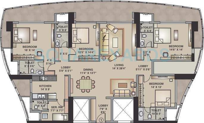 Floor plan of 4 BHK 3850 Sq. Ft. Apartment in Kalpataru Pinnacle, Mumbai