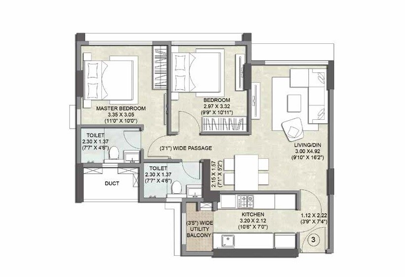 Floor plan of 2 BHK 657 Sq. Ft. Apartment in Kalpataru Primus Residence, Mumbai