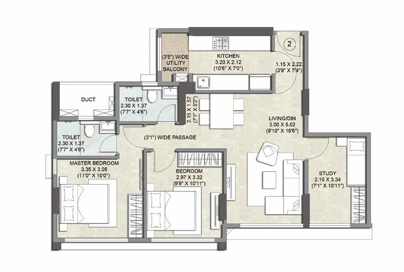 Floor plan of 3 BHK 858 Sq. Ft. Apartment in Kalpataru Primus Residence, Mumbai