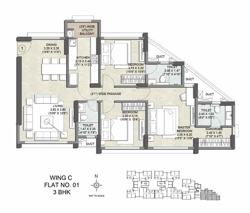 Floor plan of 3 BHK 990 Sq. Ft. Apartment in Kalpataru Primus Residence, Mumbai