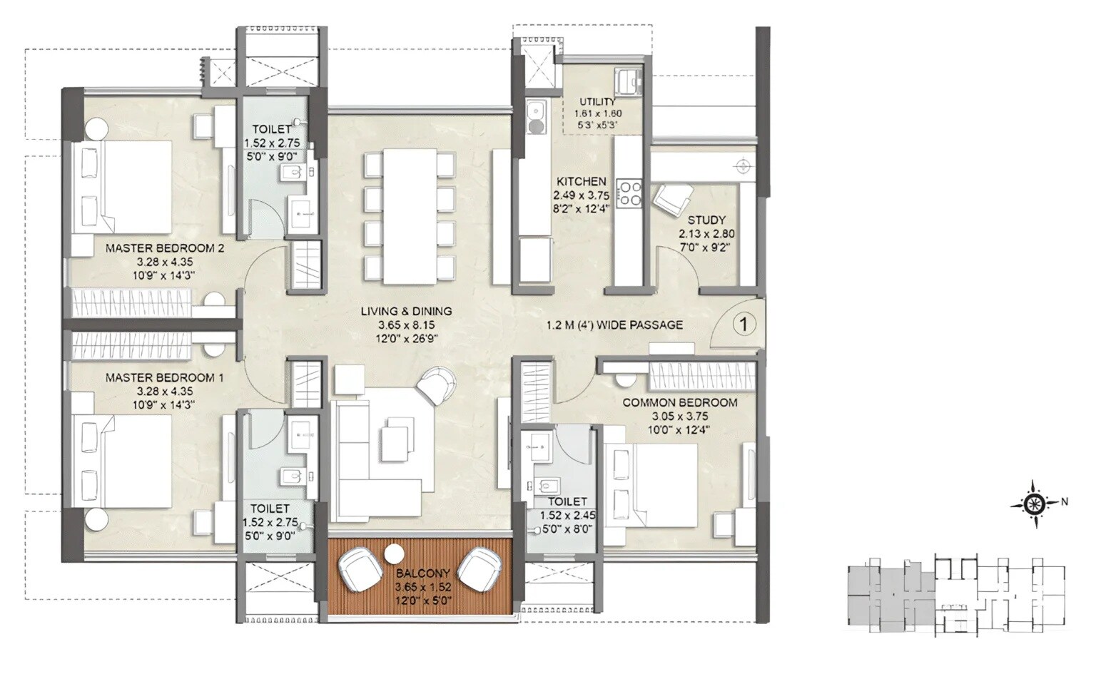 Floor plan of 3 BHK 1272 Sq. Ft. Apartment in Kalpataru Solace, Mumbai