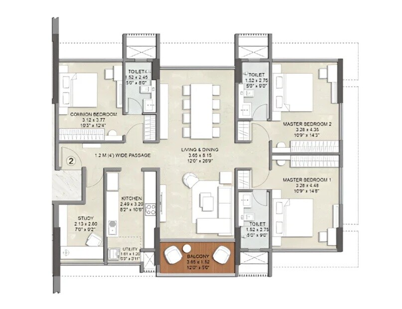 Floor plan of 3 BHK 1293 Sq. Ft. Apartment in Kalpataru Solace, Mumbai