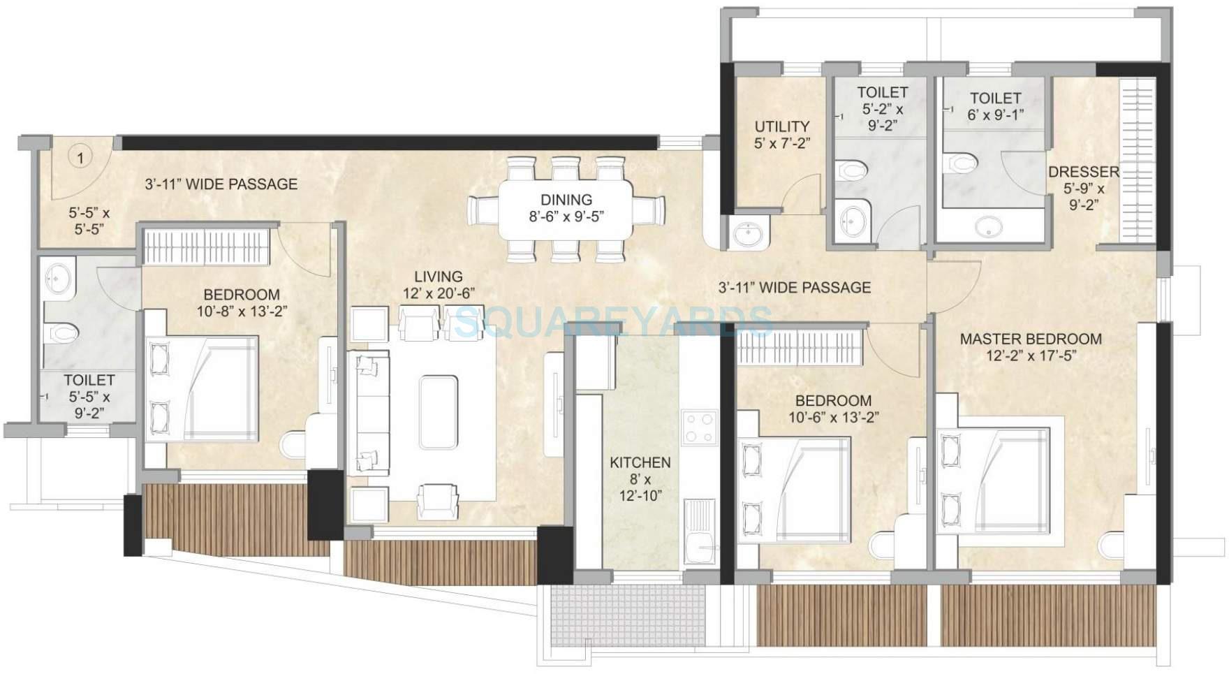 Floor plan of 3 BHK 2300 Sq. Ft. Apartment in Kalpataru Sparkle, Mumbai