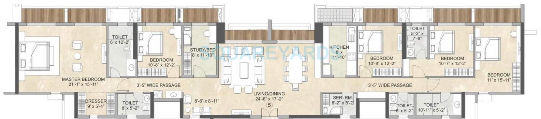 Floor plan of 5 BHK 3400 Sq. Ft. Apartment in Kalpataru Sparkle, Mumbai