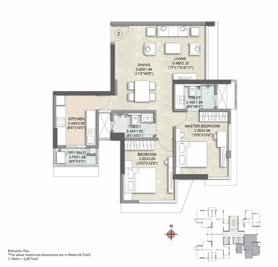 Floor plan of 2 BHK 744 Sq. Ft. Apartment in Kalpataru Woods Ville, Mumbai