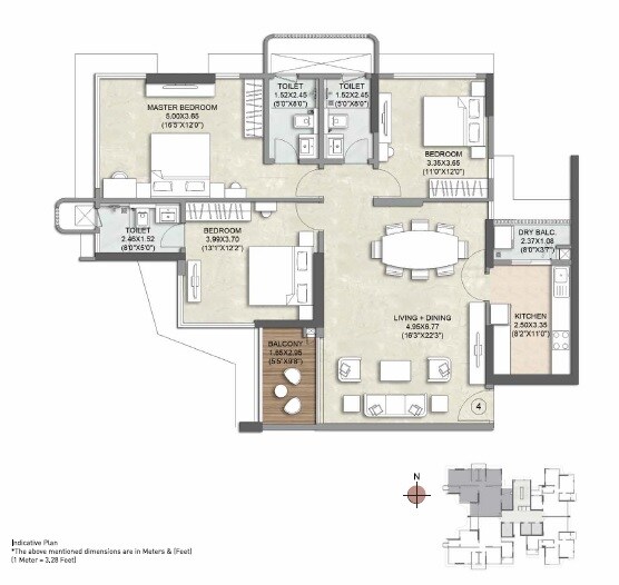 Floor plan of 3 BHK 1158 Sq. Ft. Apartment in Kalpataru Woods Ville, Mumbai