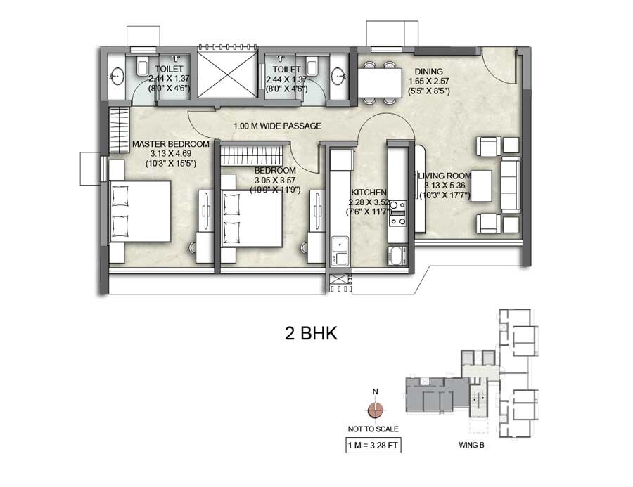 Floor plan of 2 BHK 750 Sq. Ft. Apartment in Kalpataru Yashodhan, Mumbai