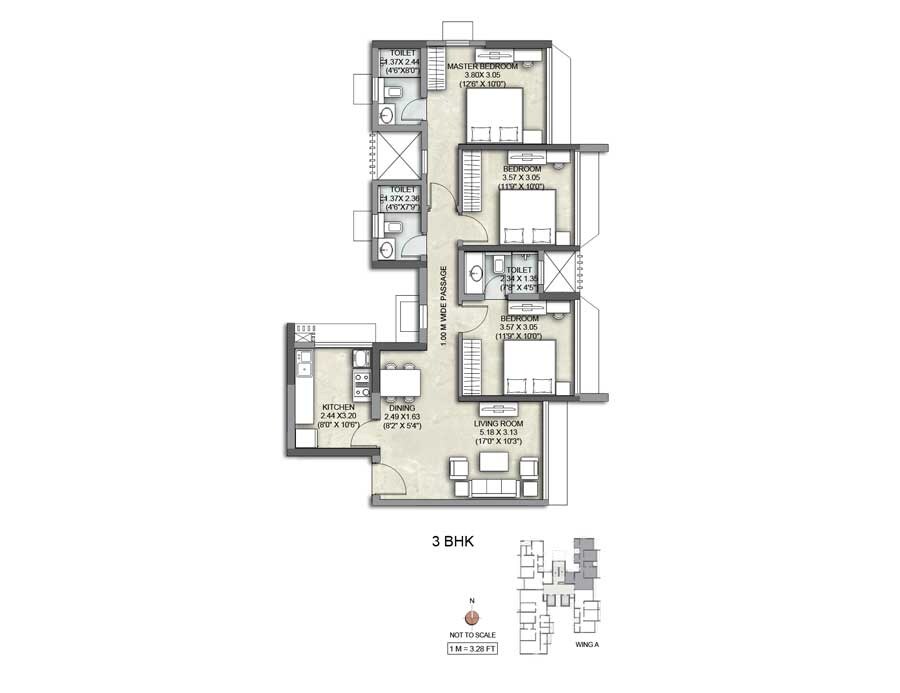 Floor plan of 3 BHK 1259 Sq. Ft. Apartment in Kalpataru Yashodhan, Mumbai