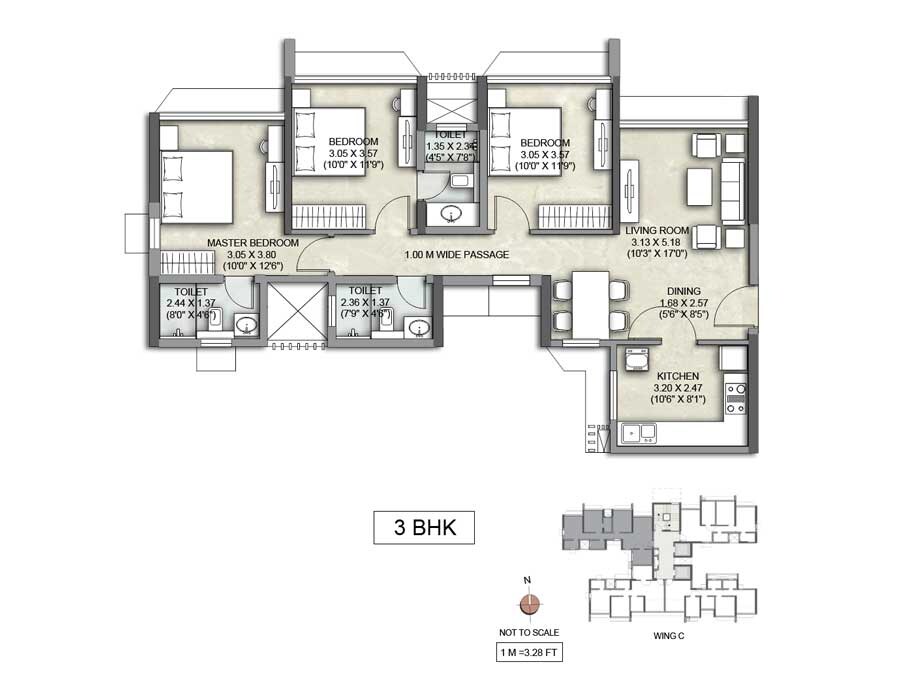 Floor plan of 3 BHK 1392 Sq. Ft. Apartment in Kalpataru Yashodhan, Mumbai