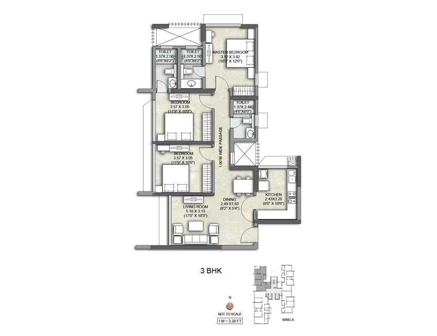 Floor plan of 3 BHK 897 Sq. Ft. Apartment in Kalpataru Yashodhan, Mumbai