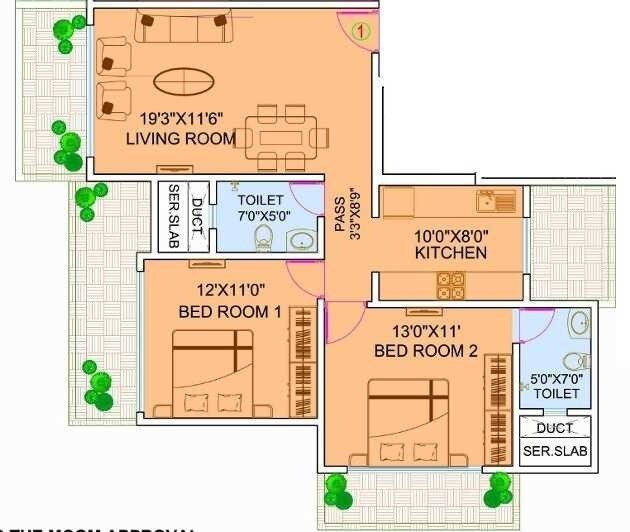 Floor plan of 2 BHK 855 Sq. Ft. Apartment in Kamala Shree Society, Mumbai