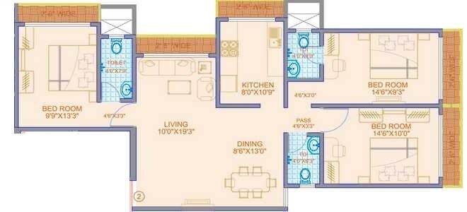 Floor plan of 3 BHK 1073 Sq. Ft. Apartment in Kamala Siddheshwar, Mumbai