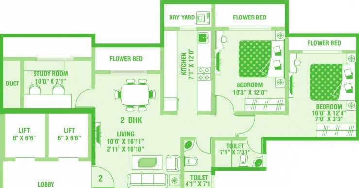 Floor plan of 2 BHK 950 Sq. Ft. Apartment in Kamanwala Manavsthal, Mumbai